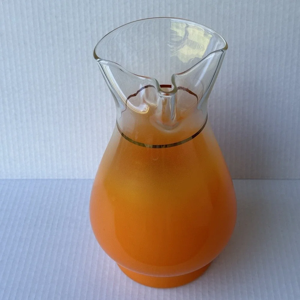 Vintage 1950s BLENDO Pitcher‎ 11 Inch Orange Frosted Glass Gold Trim Ice Lip